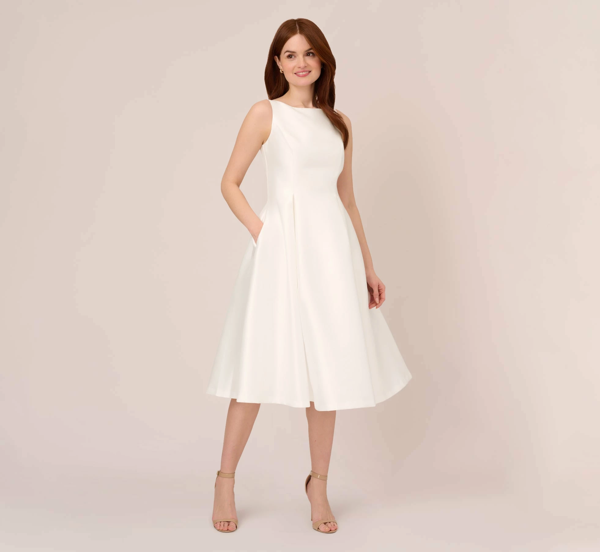 Adrianna Papell Sleeveless Mikado Fit And Flare Midi Dress With V-Back In Ivory 1 Adrianna Papell Sleeveless Mikado Fit And Flare Midi Dress With V-Back In Ivory