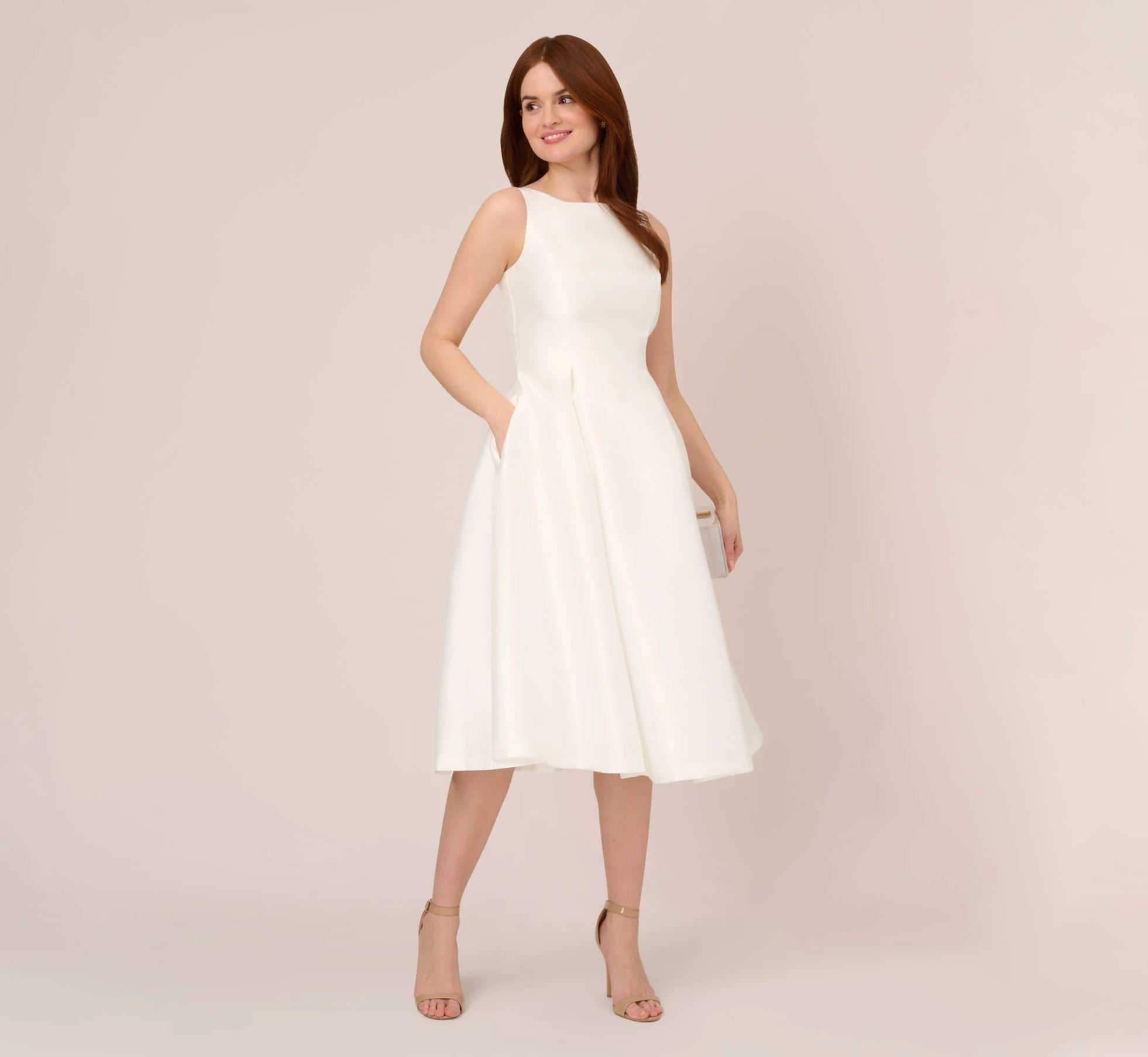 Adrianna Papell Sleeveless Mikado Fit And Flare Midi Dress With V-Back In Ivory 2 Adrianna Papell Sleeveless Mikado Fit And Flare Midi Dress With V-Back In Ivory - Image 2