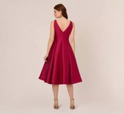Adrianna Papell Sleeveless Mikado Fit And Flare Midi Dress With V-Back In Red Plum -Adrianna Papell Shop 041899070 AP651 Regular Back