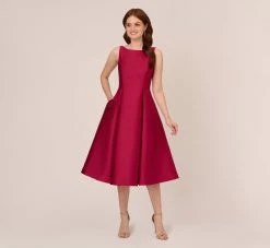Adrianna Papell Sleeveless Mikado Fit And Flare Midi Dress With V-Back In Red Plum