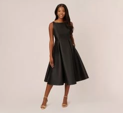 Adrianna Papell Sleeveless Mikado Fit And Flare Midi Dress With V-Back In Black