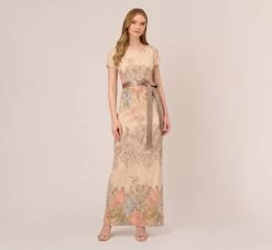 Adrianna Papell Floral Matelasse Gown In Blush Multi