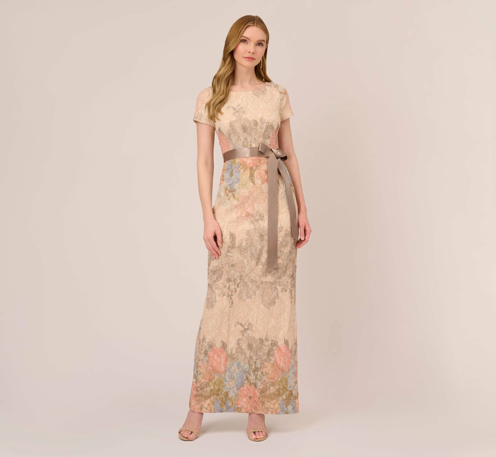 Adrianna Papell Floral Matelasse Gown In Blush Multi 1 Adrianna Papell Floral Matelasse Gown In Blush Multi