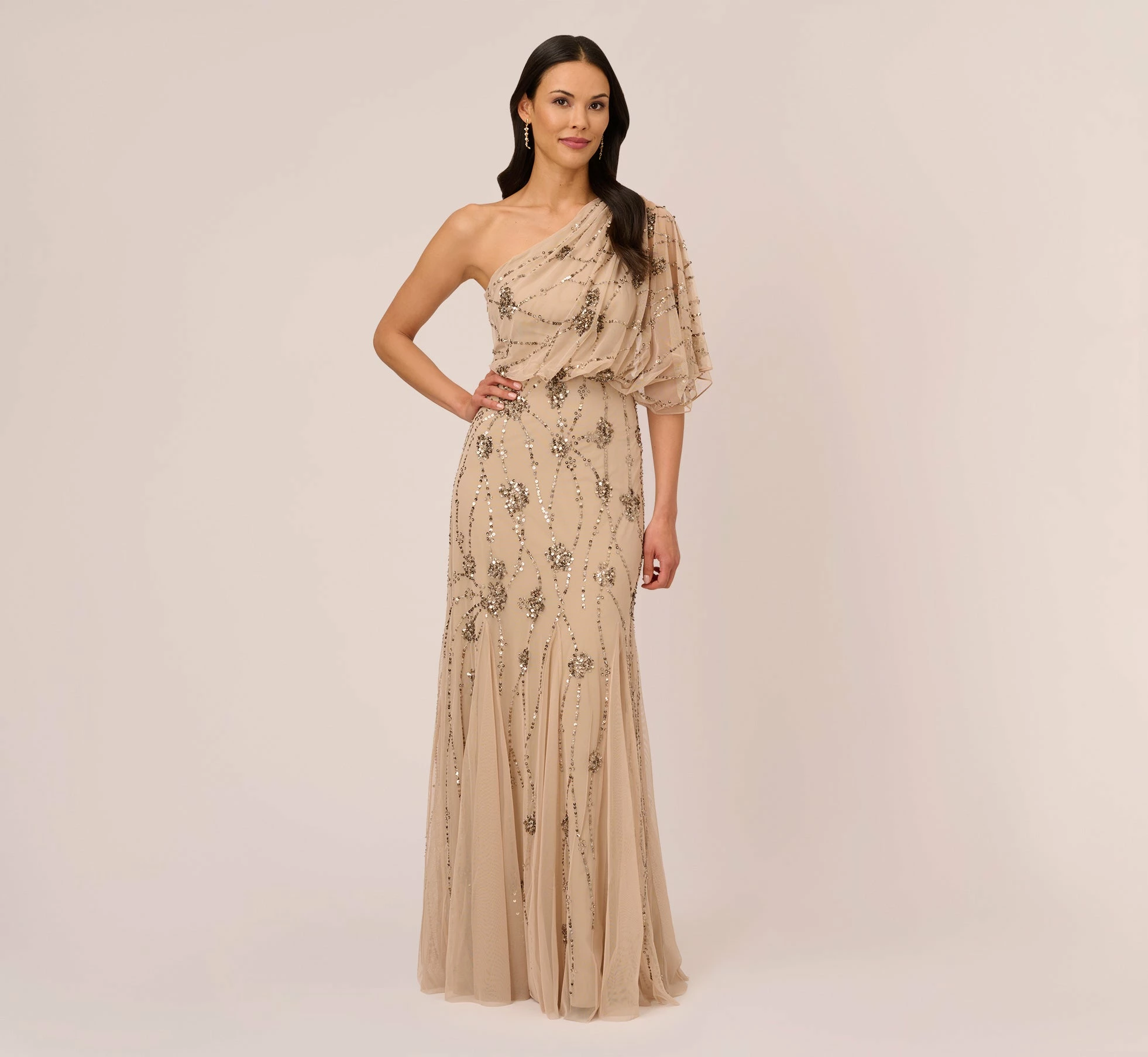 Adrianna Papell One Shoulder Beaded Gown In Nude 1 Adrianna Papell One Shoulder Beaded Gown In Nude