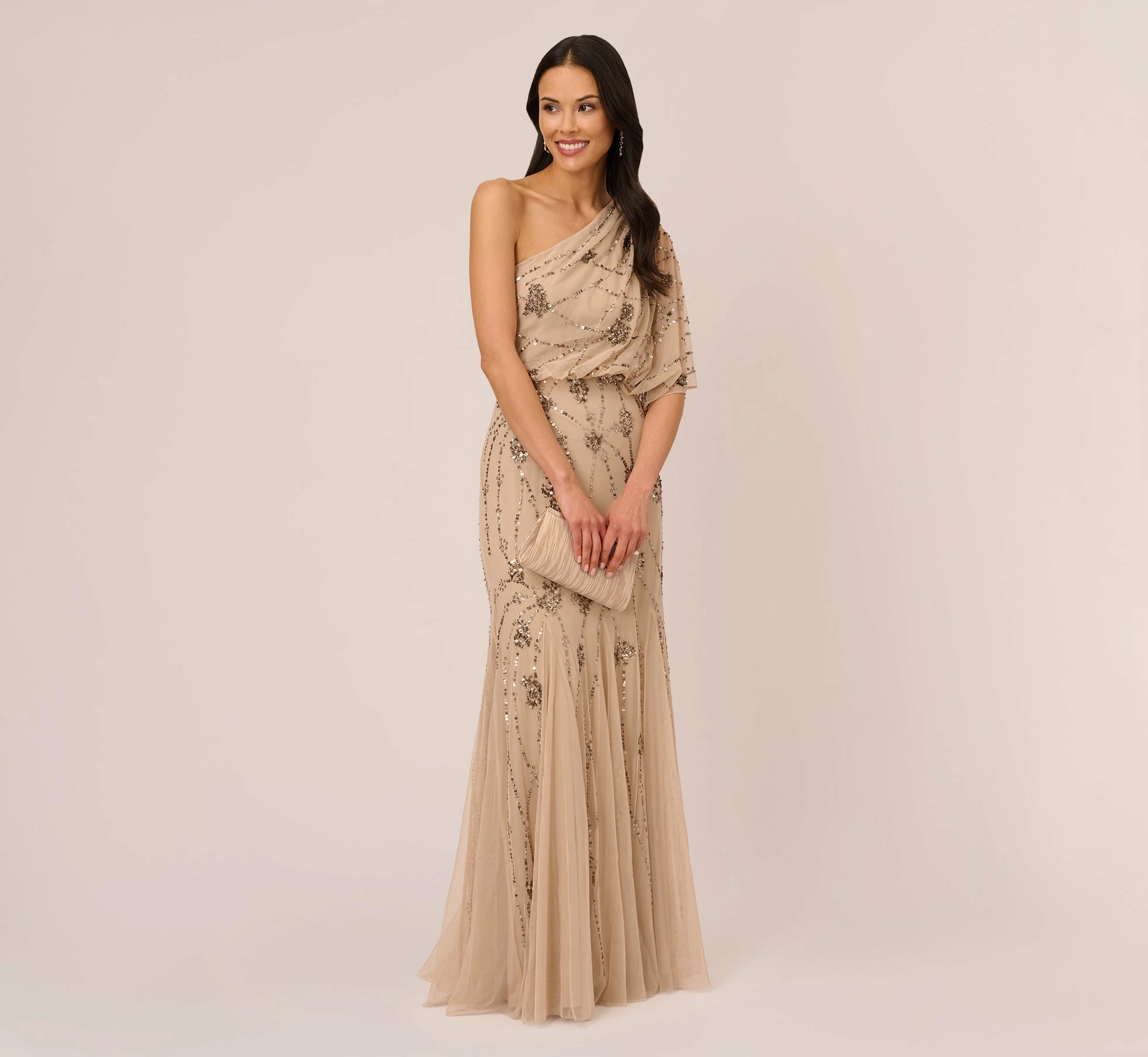 Adrianna Papell One Shoulder Beaded Gown In Nude 2 Adrianna Papell One Shoulder Beaded Gown In Nude - Image 2