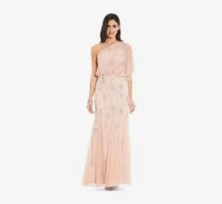 Adrianna Papell One Shoulder Beaded Gown In Blush