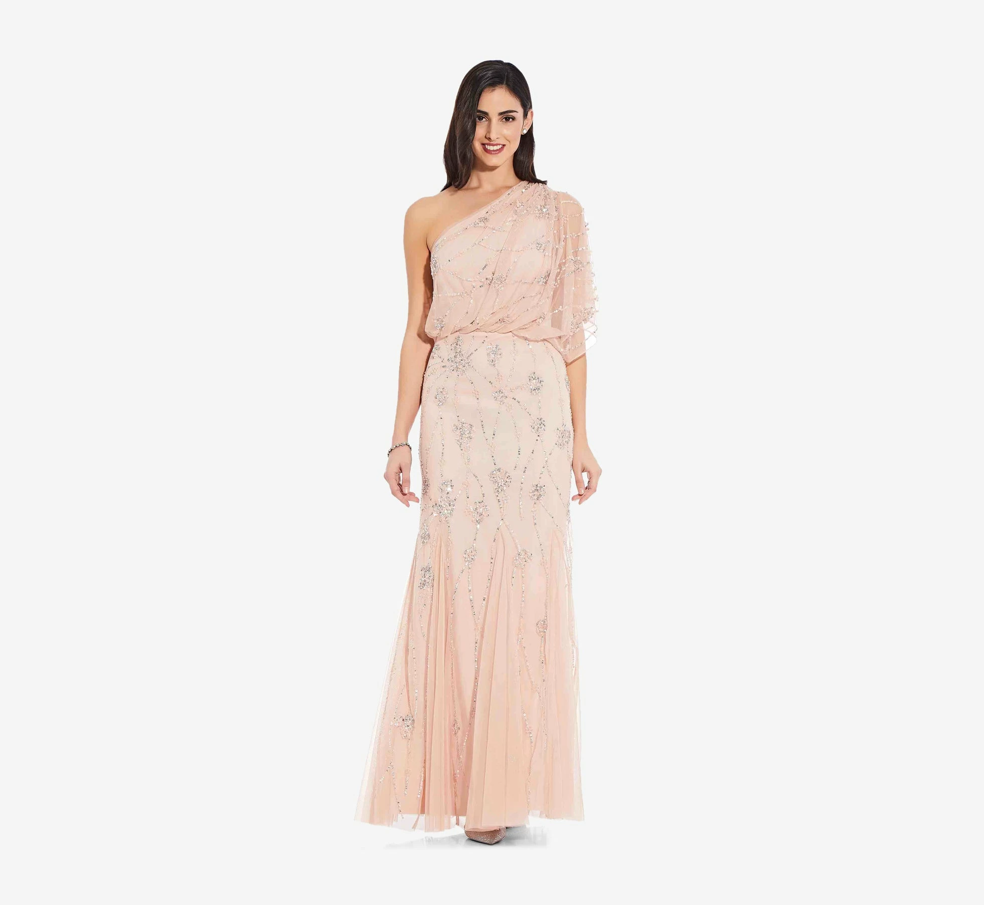 Adrianna Papell One Shoulder Beaded Gown In Blush 1 Adrianna Papell One Shoulder Beaded Gown In Blush