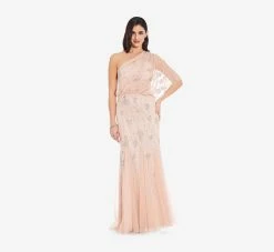 Adrianna Papell One Shoulder Beaded Gown In Blush 7 Adrianna Papell One Shoulder Beaded Gown In Blush -Adrianna Papell Shop 09186032 BLS Regular Side