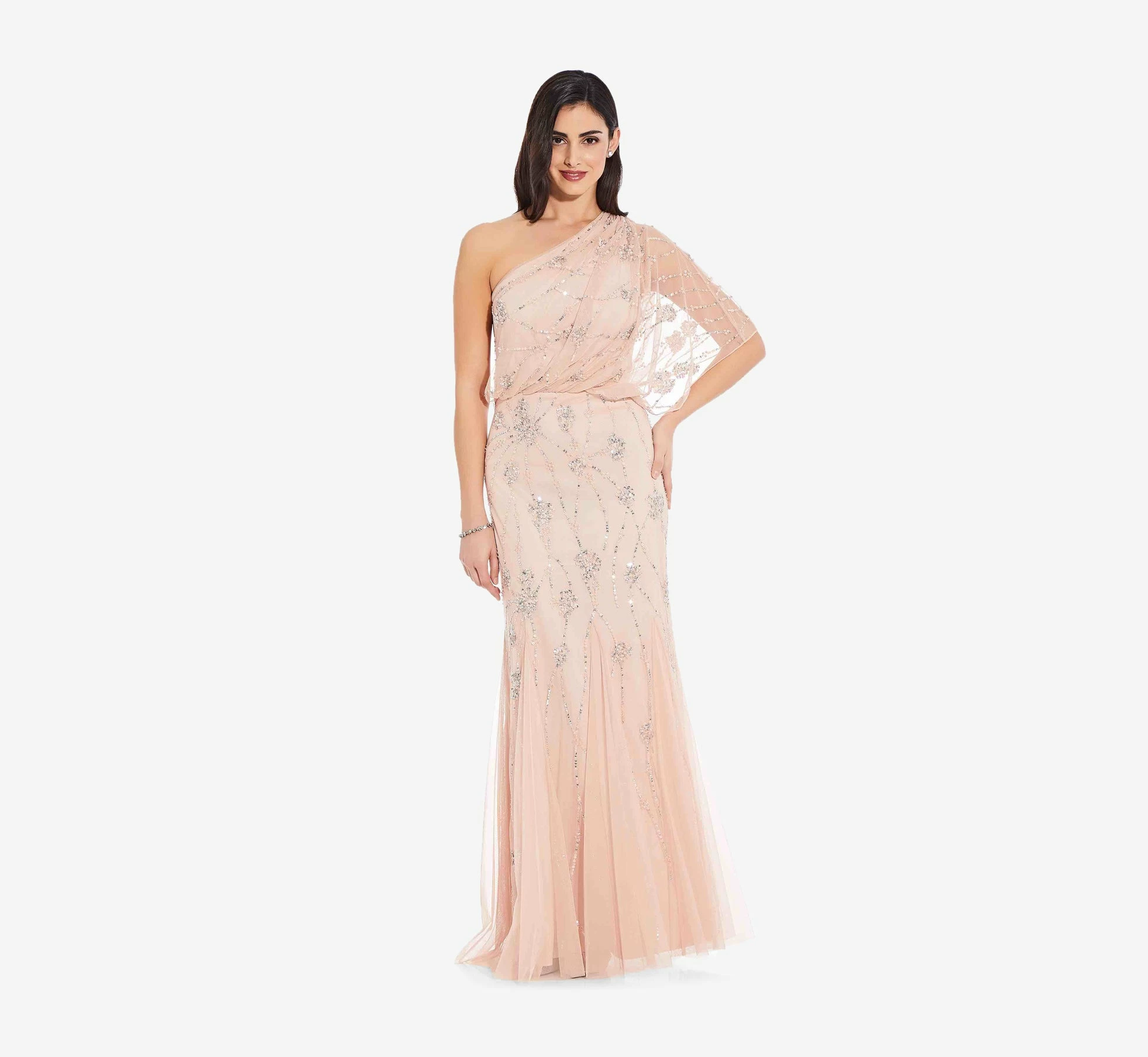 Adrianna Papell One Shoulder Beaded Gown In Blush 3 Adrianna Papell One Shoulder Beaded Gown In Blush - Image 3