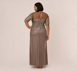 Adrianna Papell Plus Size Beaded Illusion Gown In Lead -Adrianna Papell Shop 091863331 LED Plus Back