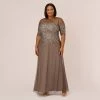 Adrianna Papell Plus Size Beaded Illusion Gown In Lead