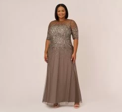 Adrianna Papell Plus Size Beaded Illusion Gown In Lead