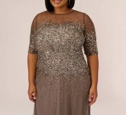 Adrianna Papell Plus Size Beaded Illusion Gown In Lead -Adrianna Papell Shop 091863331 LED Plus Detail