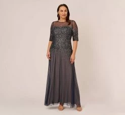 Adrianna Papell Plus Size Beaded Illusion Gown In Navy