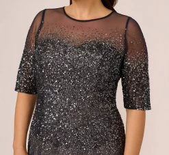 Adrianna Papell Plus Size Beaded Illusion Gown In Navy 10 Adrianna Papell Plus Size Beaded Illusion Gown In Navy -Adrianna Papell Shop 091863331 NAV Plus Detail