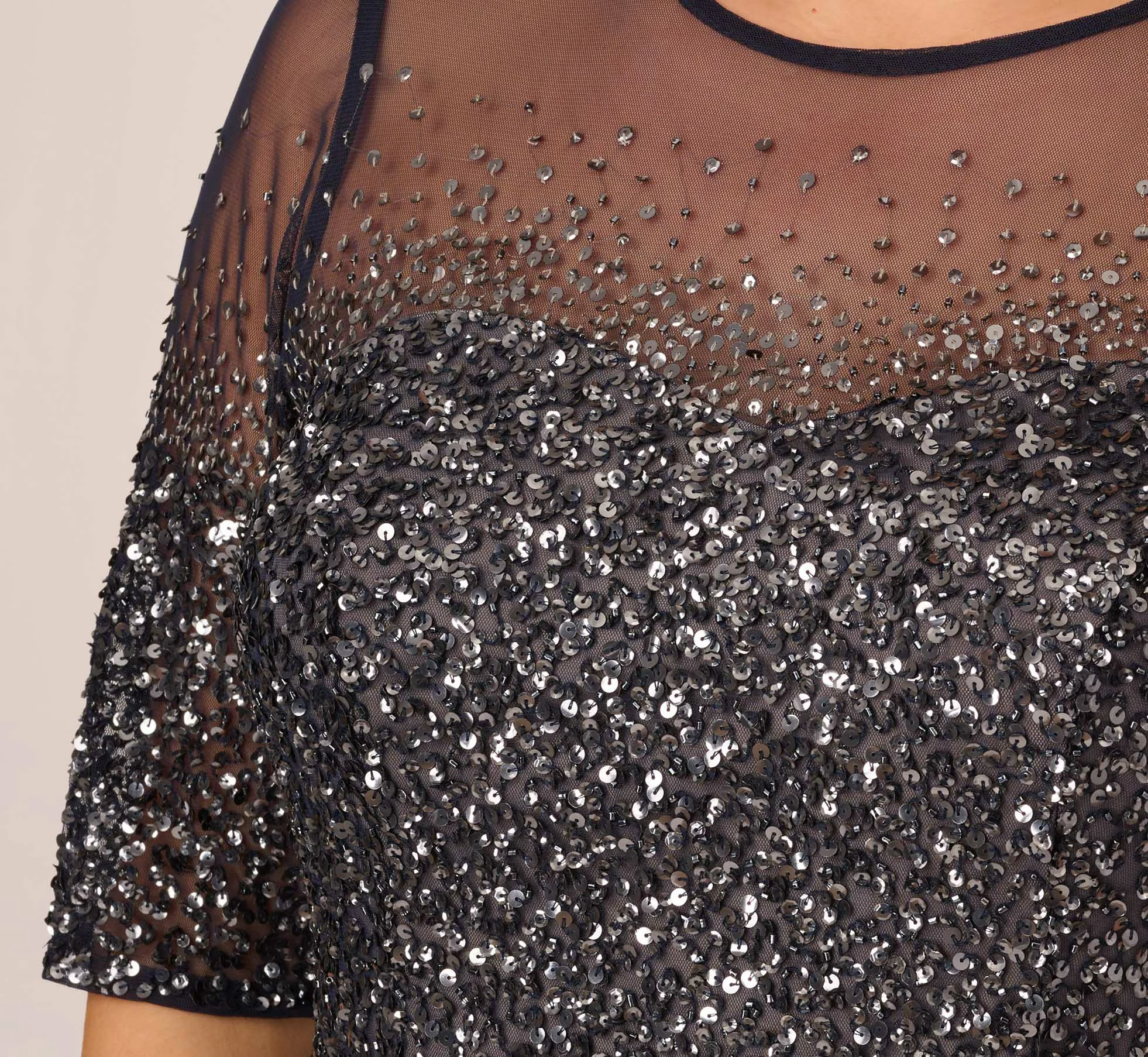 Adrianna Papell Plus Size Beaded Illusion Gown In Navy 3 Adrianna Papell Plus Size Beaded Illusion Gown In Navy - Image 3