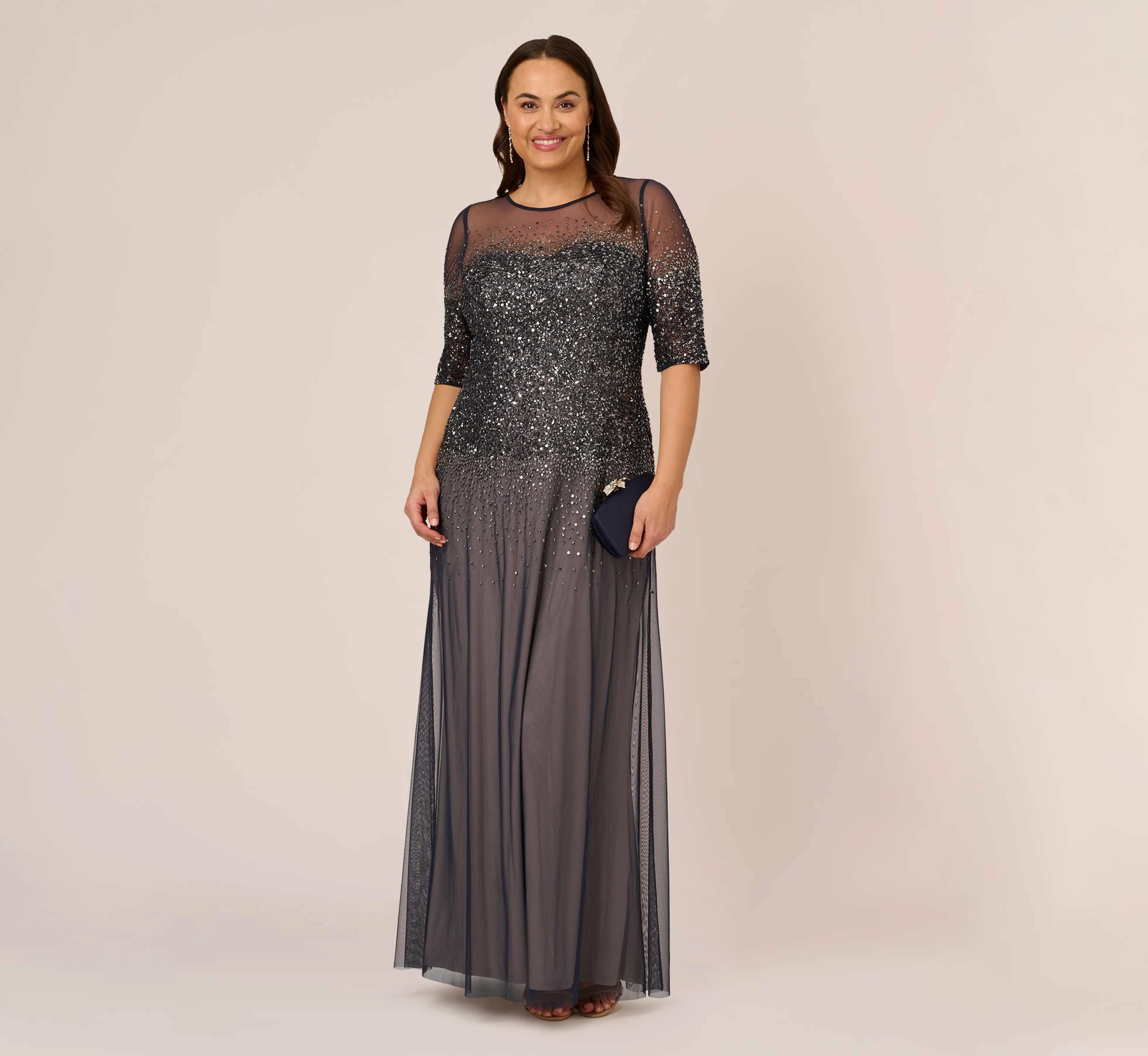 Adrianna Papell Plus Size Beaded Illusion Gown In Navy 2 Adrianna Papell Plus Size Beaded Illusion Gown In Navy - Image 2