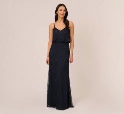 Adrianna Papell Art Deco Beaded Blouson Gown In Navy Black