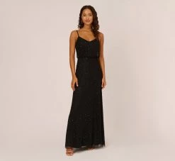 Adrianna Papell Art Deco Beaded Blouson Gown In Black