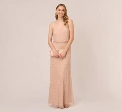 Adrianna Papell Art Deco Beaded Blouson Gown In Blush