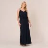 Adrianna Papell Plus Size Art Deco Beaded Blouson Gown In Navy Black