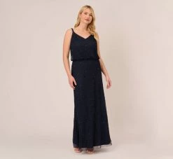 Adrianna Papell Plus Size Art Deco Beaded Blouson Gown In Navy Black