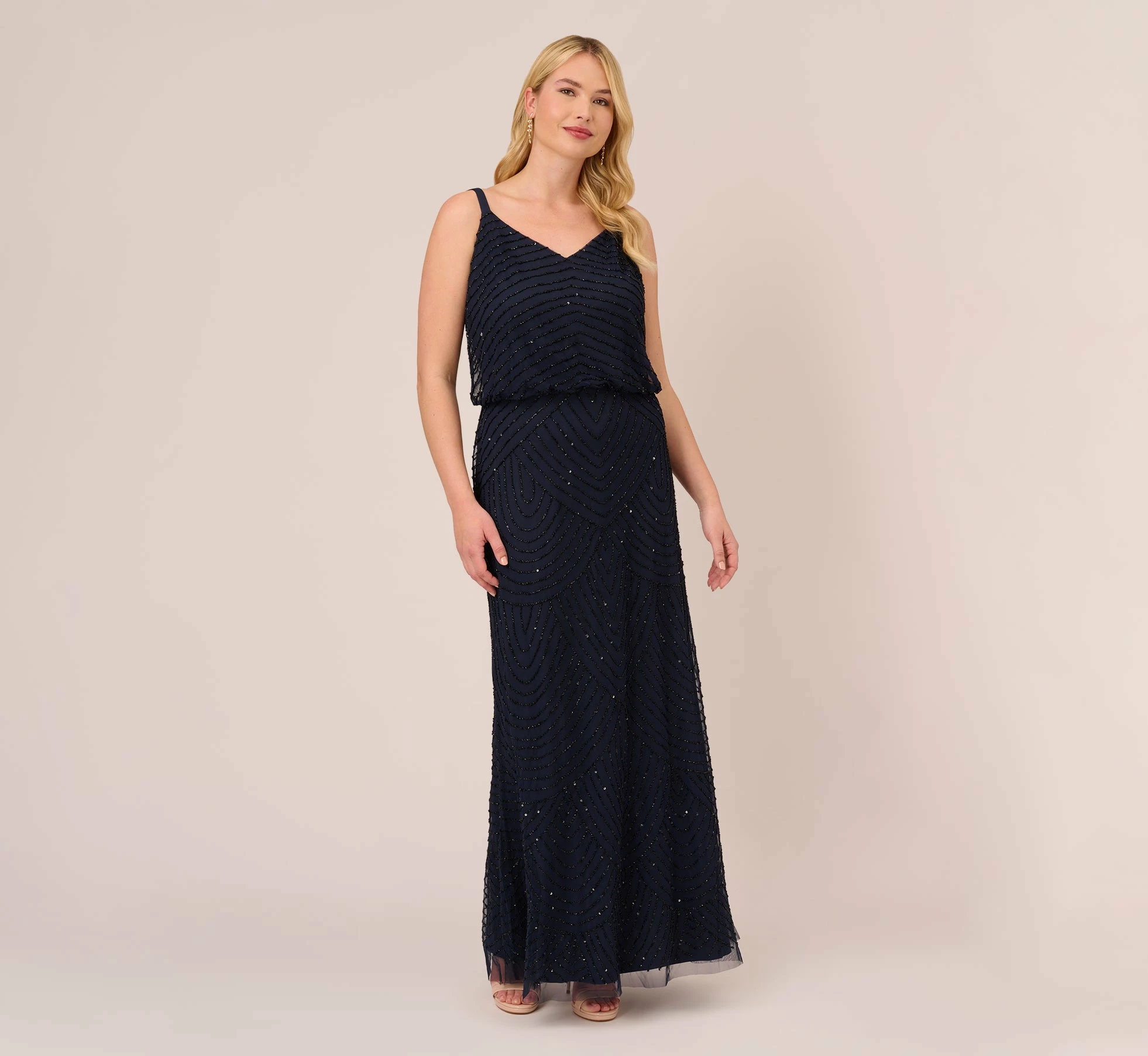 Adrianna Papell Plus Size Art Deco Beaded Blouson Gown In Navy Black 1 Adrianna Papell Plus Size Art Deco Beaded Blouson Gown In Navy Black