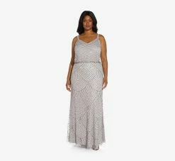 Adrianna Papell Plus Size Art Deco Beaded Blouson Gown In Bridal Silver -Adrianna Papell Shop 091866701 BRSL Plus Alternate