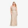 Adrianna Papell Plus Size Art Deco Beaded Blouson Gown In Taupe Pink