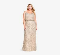 Adrianna Papell Plus Size Art Deco Beaded Blouson Gown In Taupe Pink
