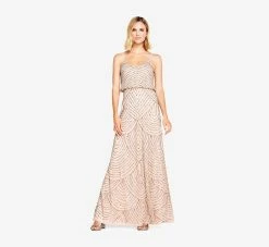 Adrianna Papell Art Deco Beaded Blouson Gown In Taupe Pink