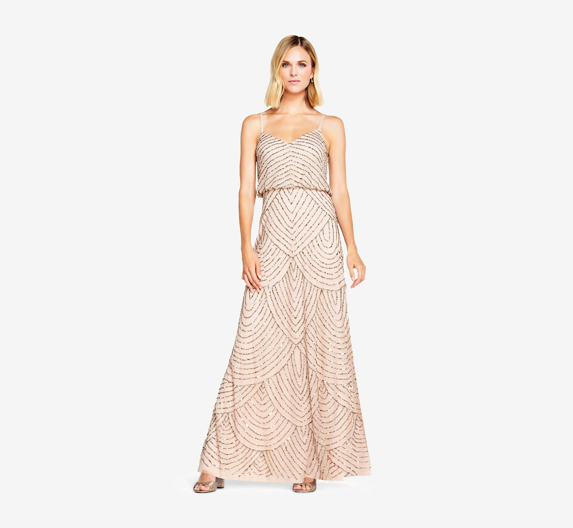 Adrianna Papell Art Deco Beaded Blouson Gown In Taupe Pink 1 Adrianna Papell Art Deco Beaded Blouson Gown In Taupe Pink