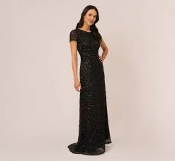 Adrianna Papell Scoop Back Sequin Gown In Black