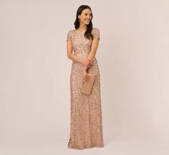 Adrianna Papell Scoop Back Sequin Gown In Rose Gold