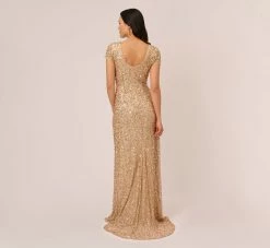 Adrianna Papell Scoop Back Sequin Gown In Champagne Gold -Adrianna Papell Shop 091874600 AD298 Regular Back