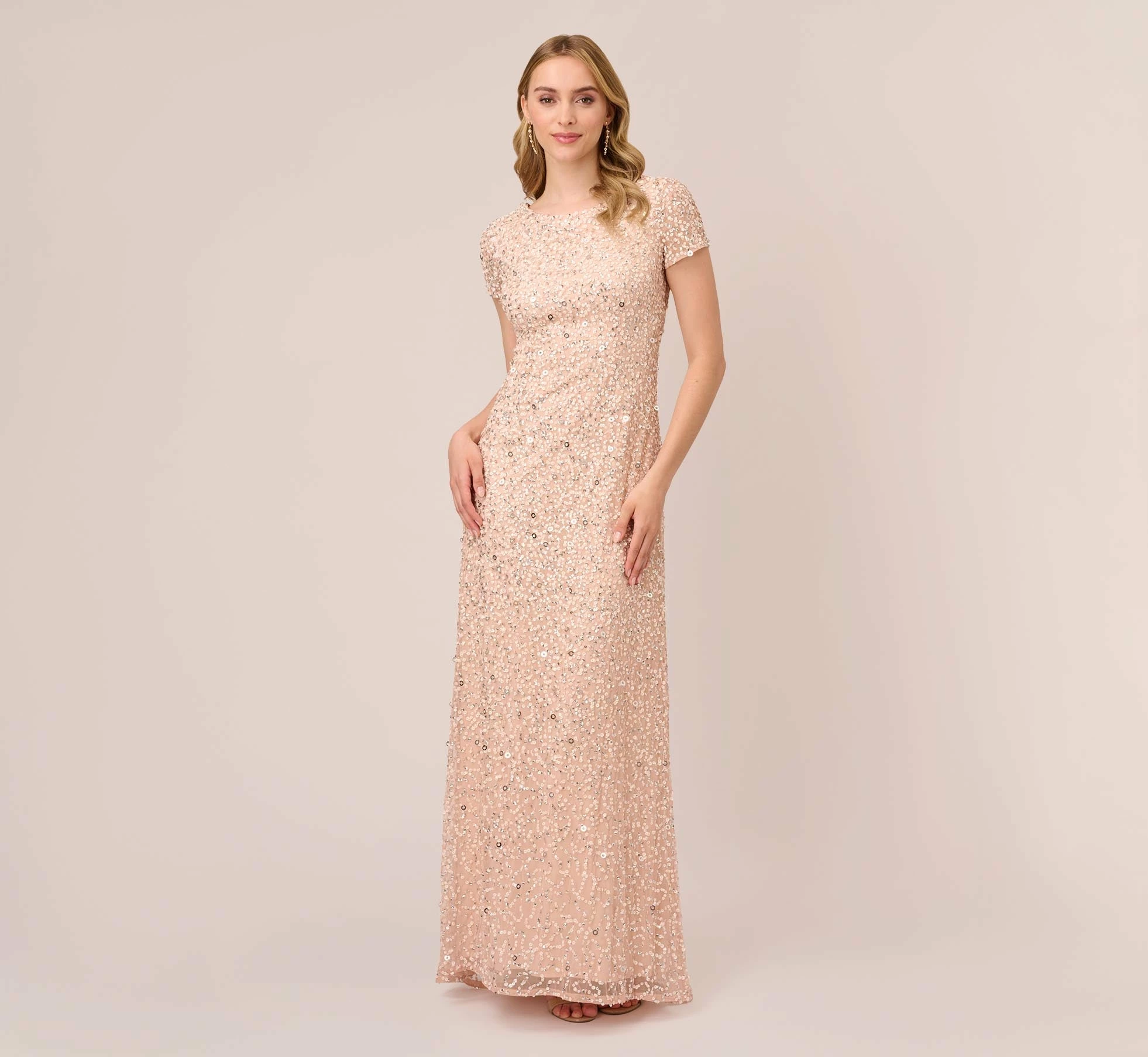 Adrianna Papell Scoop Back Sequin Gown In Blush 1 Adrianna Papell Scoop Back Sequin Gown In Blush