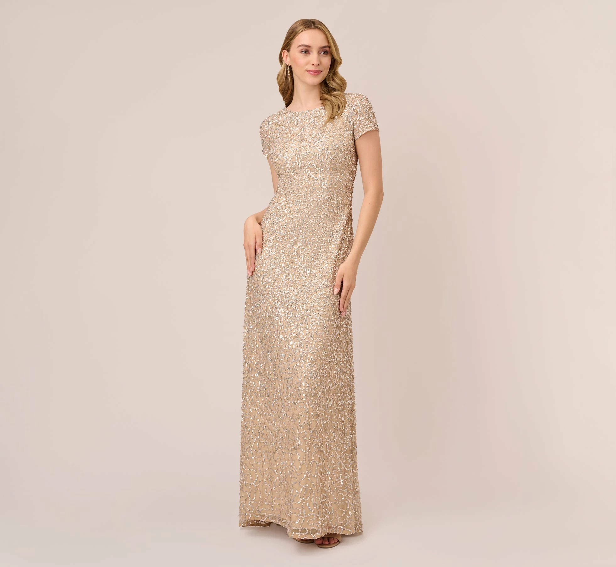 Adrianna Papell Scoop Back Sequin Gown In Champagne 1 Adrianna Papell Scoop Back Sequin Gown In Champagne