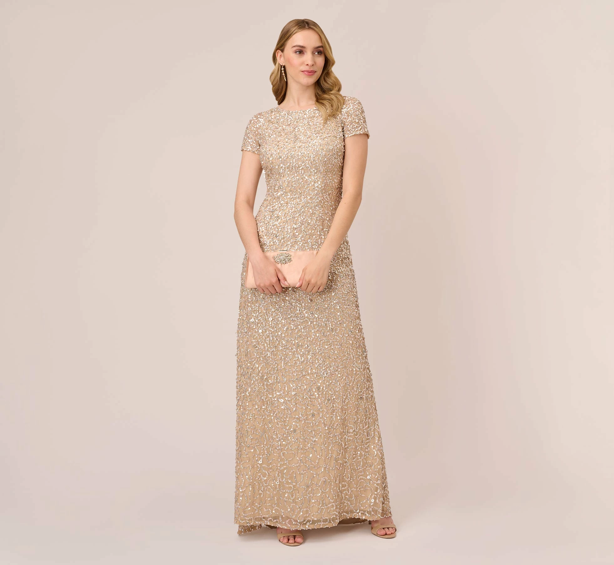Adrianna Papell Scoop Back Sequin Gown In Champagne 2 Adrianna Papell Scoop Back Sequin Gown In Champagne - Image 2
