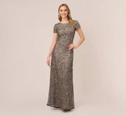 Adrianna Papell Scoop Back Sequin Gown In Lead