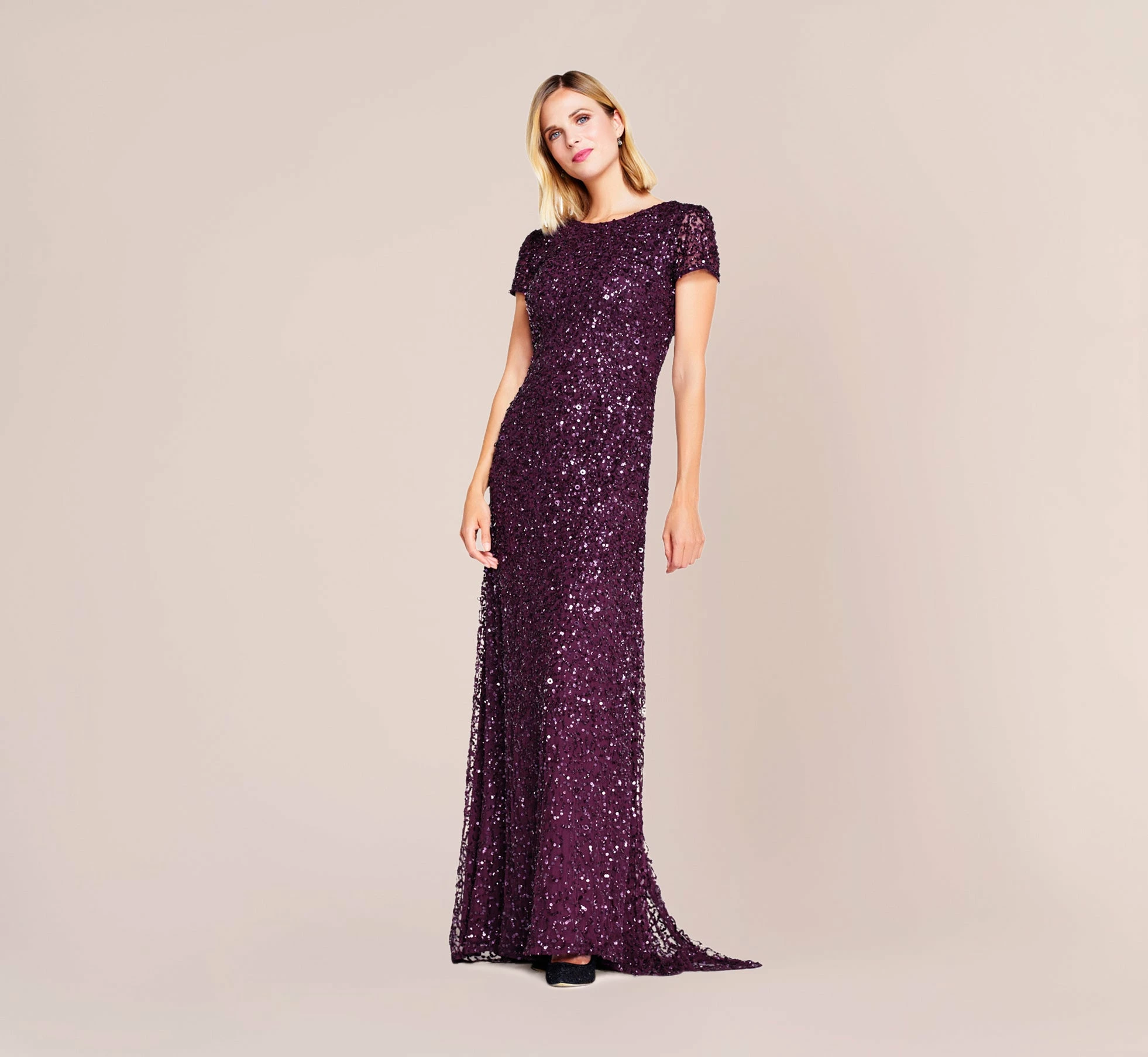 Adrianna Papell Scoop Back Sequin Gown In Cabernet 4 Adrianna Papell Scoop Back Sequin Gown In Cabernet - Image 4