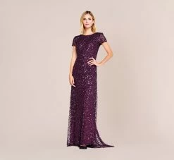 Adrianna Papell Scoop Back Sequin Gown In Cabernet