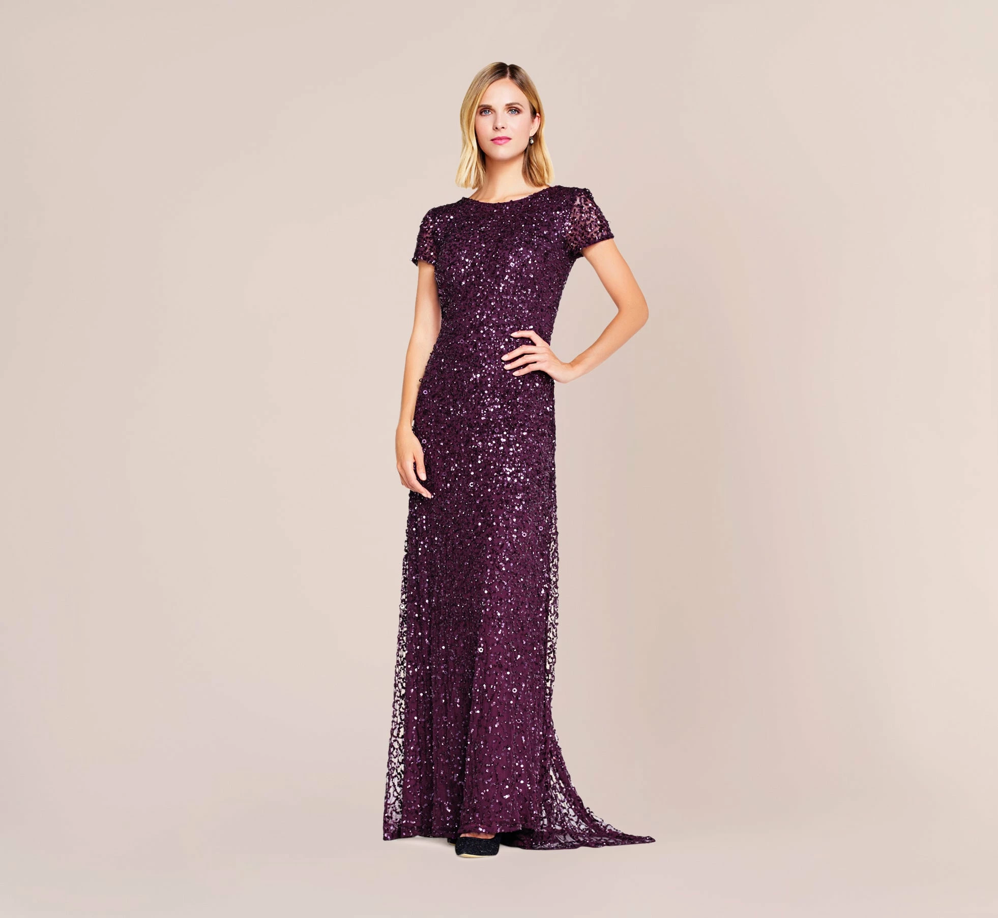 Adrianna Papell Scoop Back Sequin Gown In Cabernet 1 Adrianna Papell Scoop Back Sequin Gown In Cabernet