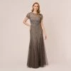 Adrianna Papell Cap Sleeve Beaded Gown In Lead