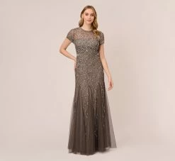 Adrianna Papell Cap Sleeve Beaded Gown In Lead
