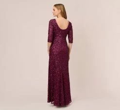 Adrianna Papell Scoop Back Sequin Gown With Three Quarter Sleeves In Cabernet -Adrianna Papell Shop 091919970 AD605 Regular Back