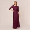 Adrianna Papell Scoop Back Sequin Gown With Three Quarter Sleeves In Cabernet