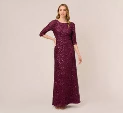 Adrianna Papell Scoop Back Sequin Gown With Three Quarter Sleeves In Cabernet