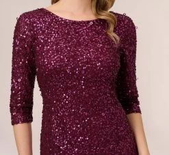 Adrianna Papell Scoop Back Sequin Gown With Three Quarter Sleeves In Cabernet -Adrianna Papell Shop 091919970 AD605 Regular Detail