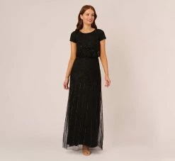 Adrianna Papell Short Sleeve Blouson Beaded Gown In Black
