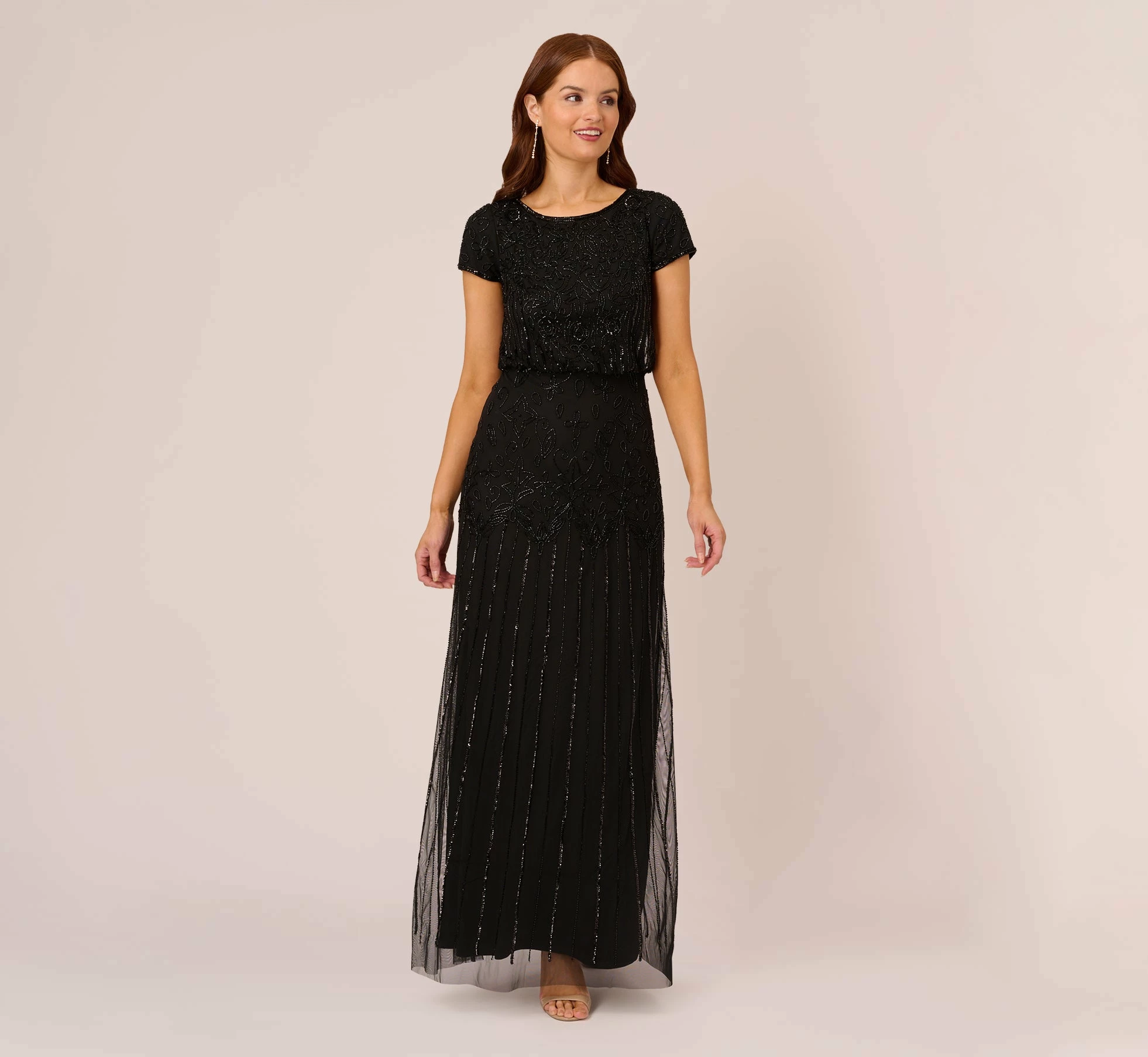 Adrianna Papell Short Sleeve Blouson Beaded Gown In Black 1 Adrianna Papell Short Sleeve Blouson Beaded Gown In Black